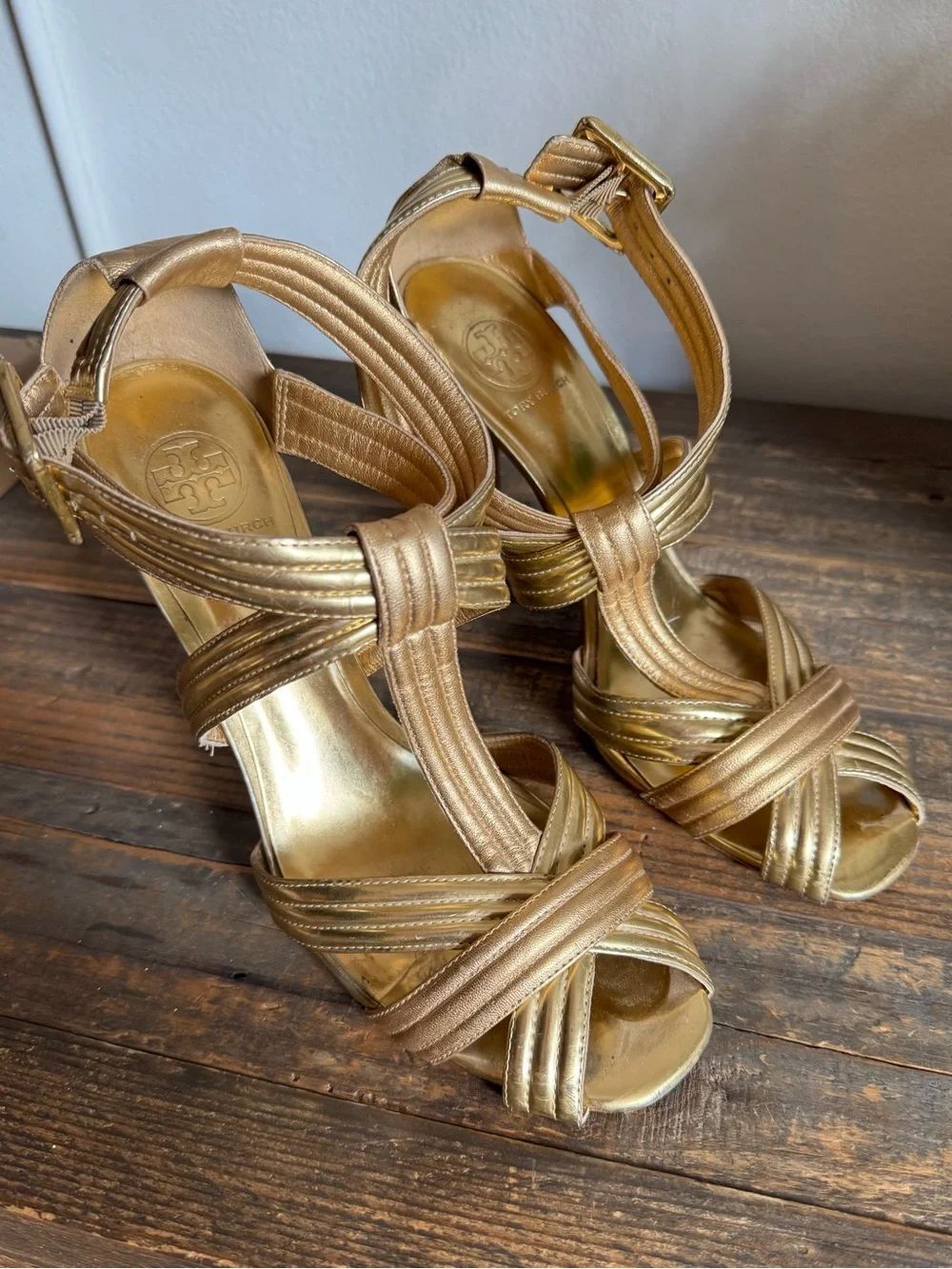 TORY BURCH Zander Metallic Leather Heels Gold Women’s Size 11